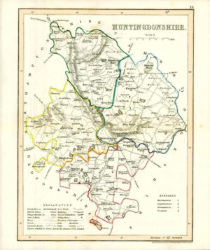 1860 Joshua Archer map of HUNTINGDONSHIRE England with outline colour (AM3/30)