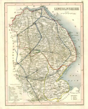 1860 Joshua Archer map of LINCOLNSHIRE England with outline colour (AM3/35)