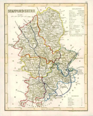 1860 Joshua Archer map of STAFFORDSHIRE England with outline colour (AM3/45)
