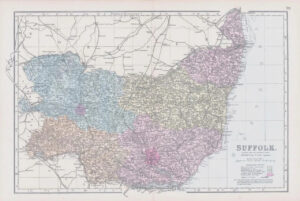 1883 Large Map of SUFFOLK Ordnance Survey by Bacon (BO37)