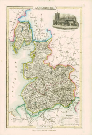 1846 - Original Antique Map of LANCASHIRE Slater COLLEGIATE CHURCH MANCHESTER