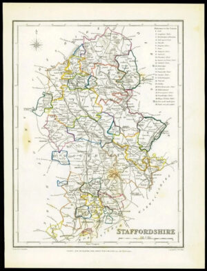 1845 Original Colour Antique Map of STAFFORDSHIRE by Lewis & Co (LM)