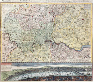 1741 Large Antique Map & View LONDON & ENVIRONS by HOMANN REGIONIS LONDINUM (LM7