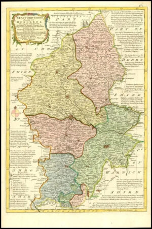1777 Antique Map of STAFFORDSHIRE by Emanual Bowen Divided into Hundreds (BCM33)