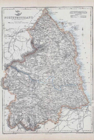 1863 Large original Antique Map NORTHUMBERLAND by Edward Weller (DA101)