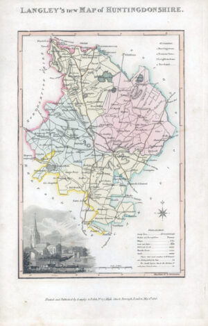 1817 Original Antique LANGLEY'S NEW MAP OF HUNTINGDONSHIRE St Ives (LNM13)