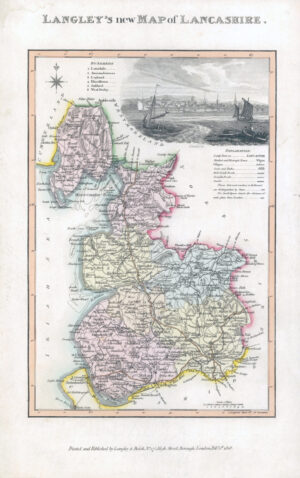 1817 Original Antique LANGLEY'S NEW MAP OF LANCASHIRE Liverpool (LNM14)