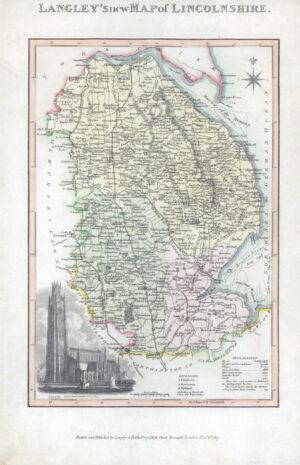 1817 Original Antique LANGLEY'S NEW MAP OF LINCOLNSHIRE Boston Church (LNM16)