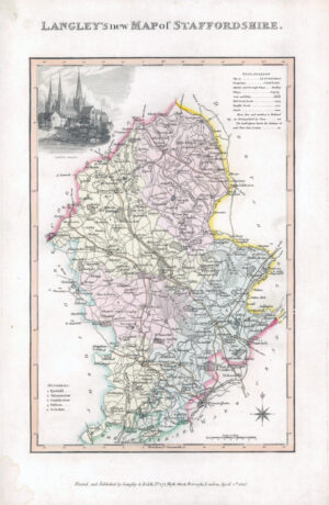 1818 Original Antique LANGLEY'S NEW MAP OF STAFFORDSHIRE Litchfield (LNM26)