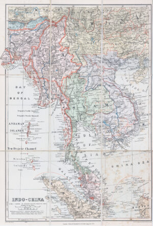 c1909 Folding Map SOUTH EAST ASIA THAILAND MALAYSIA VIETNAM Indo-China