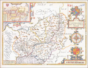 1676 Antique Map CAERMARDEN Carmarthenshire Wales BY John Speed Bassett Chiswell